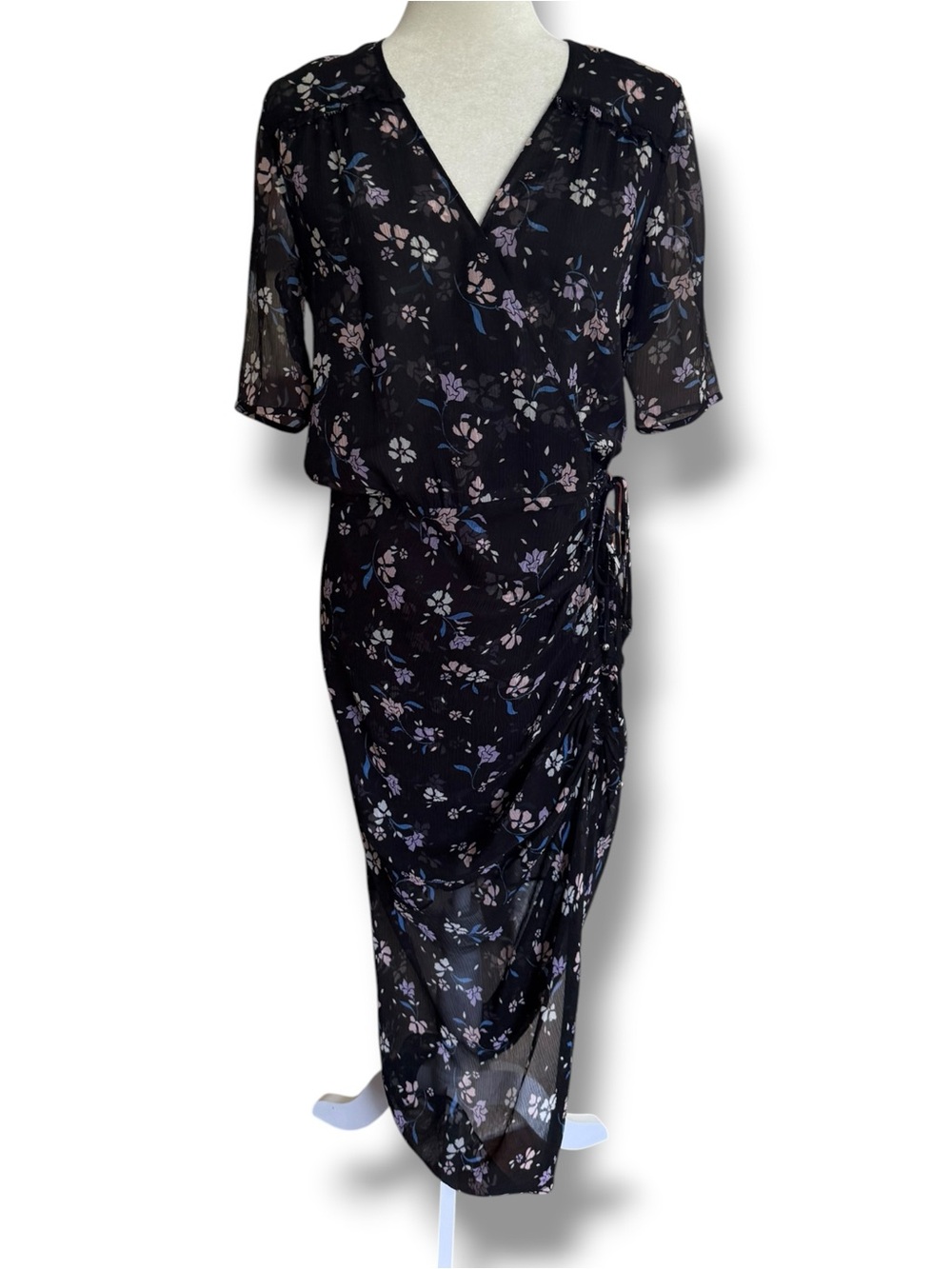 Veronica Beard Silk Mariposa Black Floral Semi Sheer Ruched Midi Dress Sz 8 - Picture 8 of 14